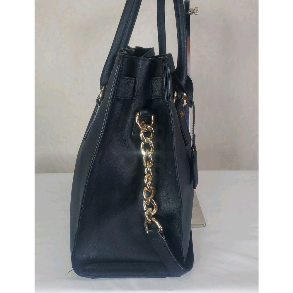 Michael Kors Hamilton Large Saffiano Leather Black Satchel Bag Gold Chain Purse - Picture 11 of 16